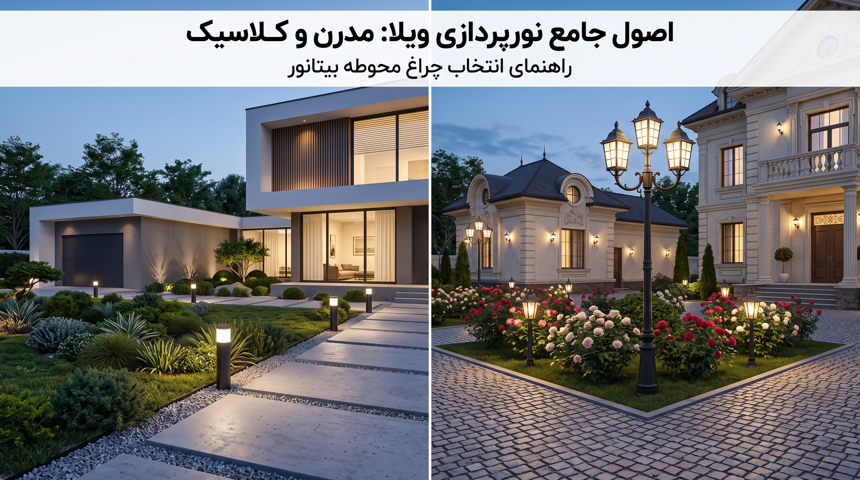 اصول جامع نورپردازی ویلا مدرن و کلاسیک | راهنمای انتخاب چراغ محوطه بیتانور